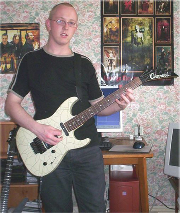 Me with my Desert Crackle Charvel 375 ('89) from around 2007
