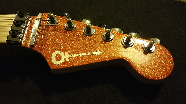 Perfect logo placement on my Charvel Pro Mod Super Stock SD1-FR (Orange Flake)